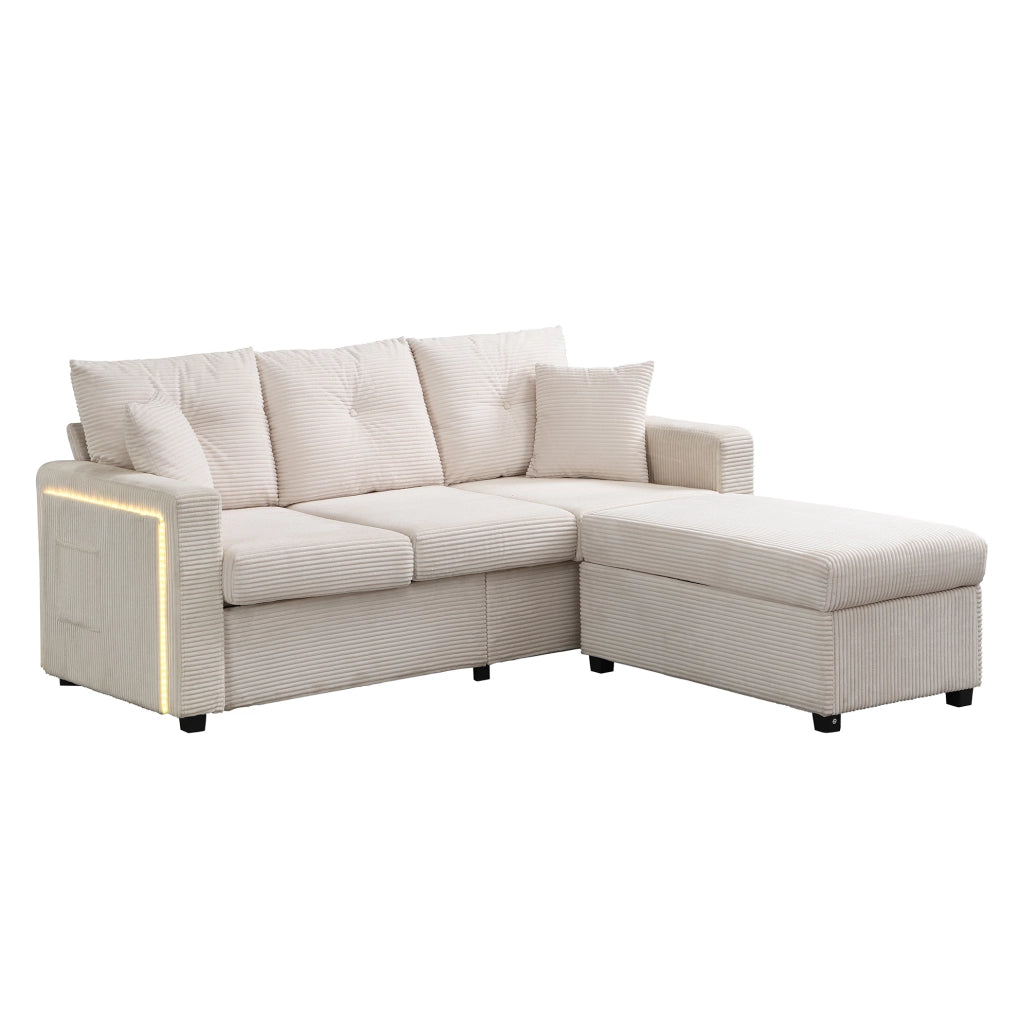 Divano modulare angolare ULEVR beige con LED controllabili tramite app, pouf 98x51 cm e 5 cuscini in velluto a coste