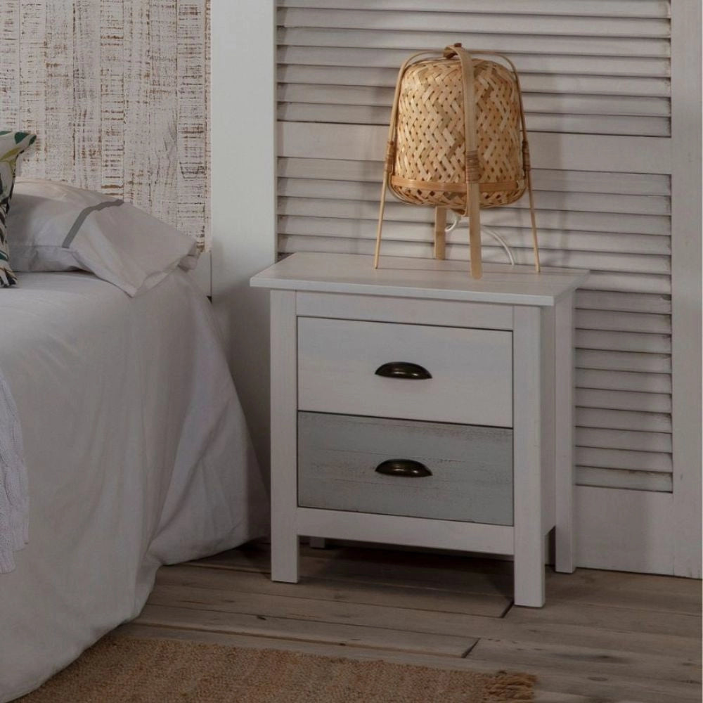 Comodino in legno massiccio bianco e grigio Romantica 46x35x49,5H – Eleganza Naturale con 2 cassetti