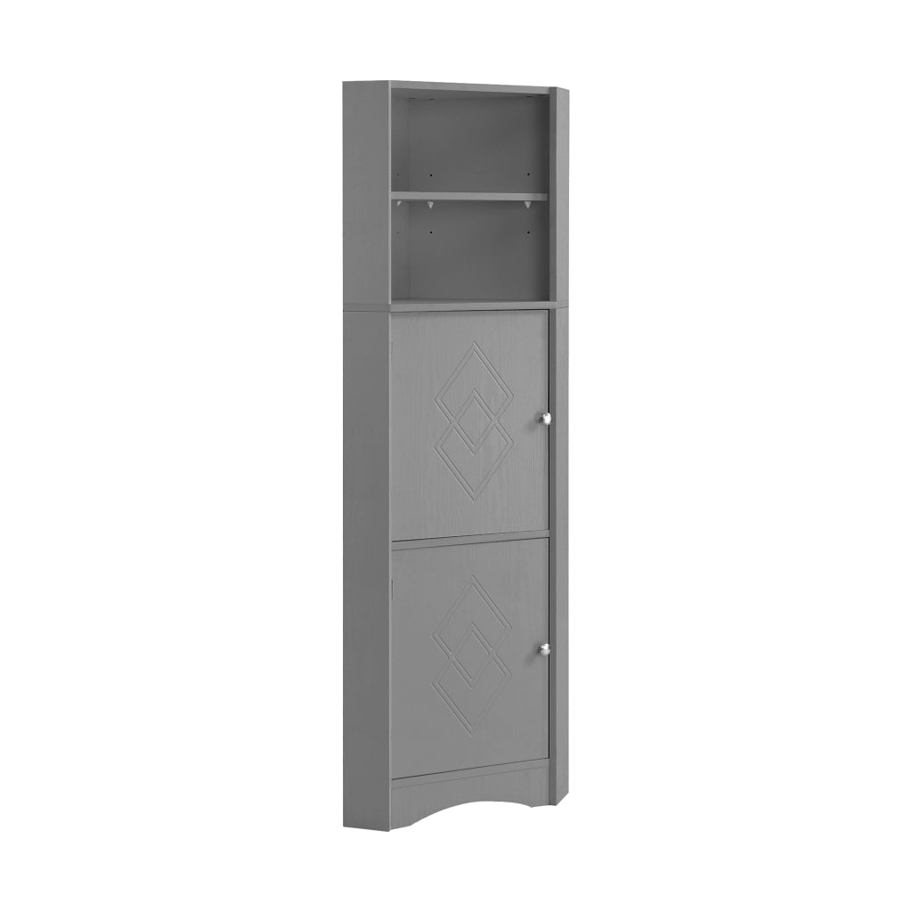 Mobiletto angolare da bagno con vani aperti e ante decorate; grigio