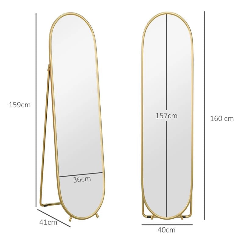 SPECCHIO VERTICALE OVALE DA TERRA CON SUPPORTO, IN VETRO E METALLO, 40X41X159 CM, TONALITÓ ORO