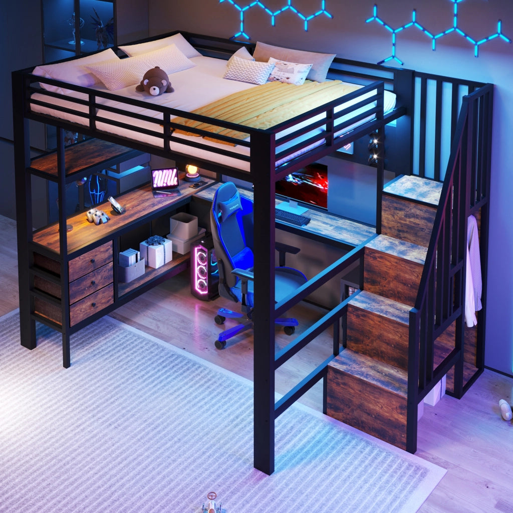 Letto a soppalco in metallo con scrivania, cassetti e LED