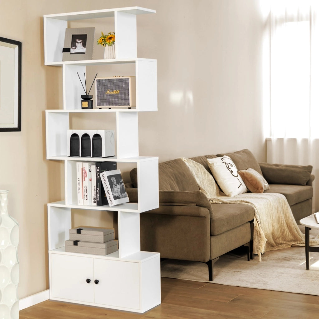 Libreria a forma di S a 5 livelli con ante-Scaffale decorativo in legno per il soggiorno l'ufficio Bianco