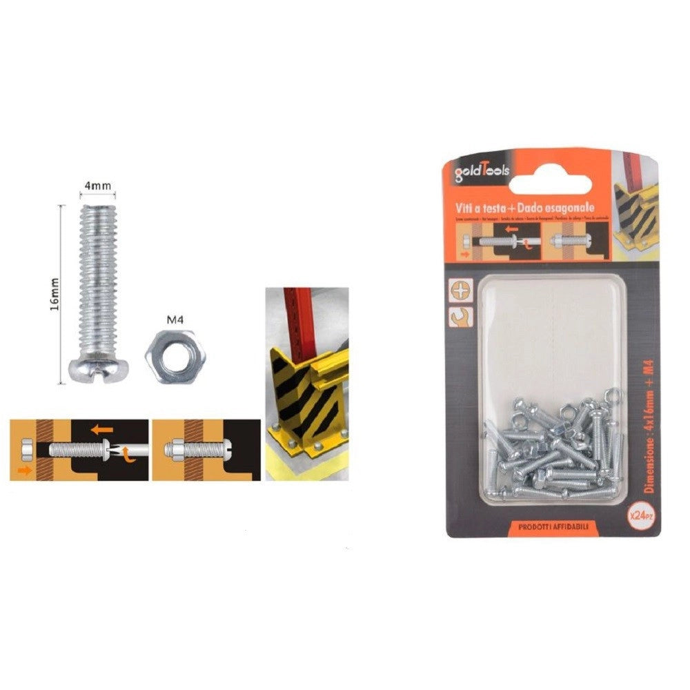 Trade Shop - Set 24 Pz Viti Vite Testa A Croce Tonda 4x16 Mm Con Dadi Dado Esagonale M4 90960 -