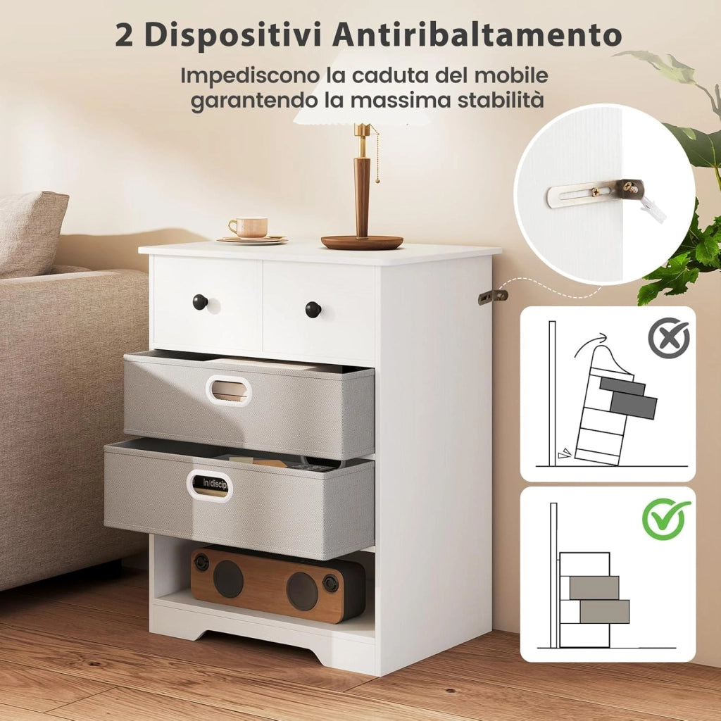 Comodino Camera da Letto 58 x 42 x 75 cm, Cassettiera Salvaspazio con 4 Cassetti e Ripiano Aperto, Tavolino Moderno da Letto per Soggiorno e Ingresso