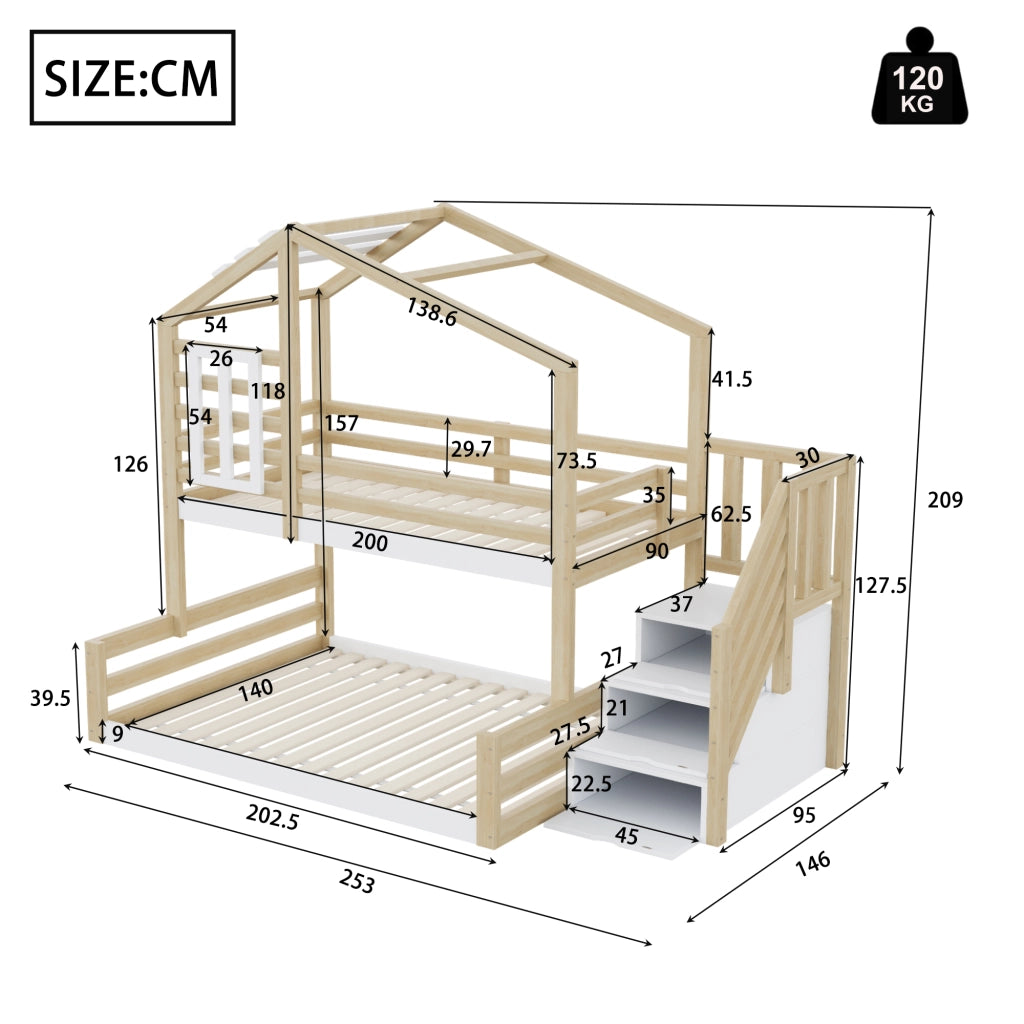 OKWISH Letto a Castello 90×200 cm e 140×200 cm, Letto 3 Posti con Scala Contenitore, Finestra e Spondine, senza Materasso, Naturale
