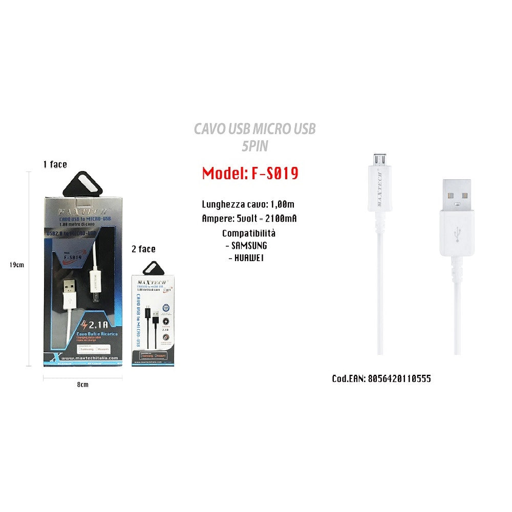 Trade Shop - Cavo Micro Usb 5pin Smartphone Samsung Huawei Cavetto Di Ricarica Maxtech F-s019 -