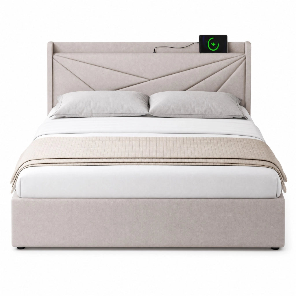 Letto Contenitore 180x200 cm; Letto Matrimoniale - USB; Type-C e Testiera - Beige