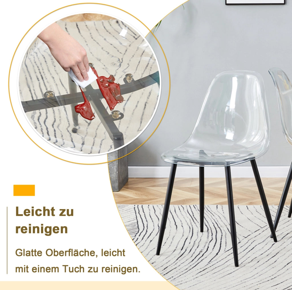 Set 4 sedie da pranzo in plastica trasparente con gambe in metallo nero