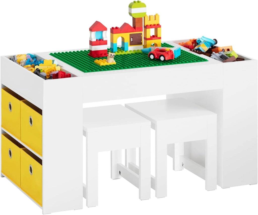 Tavolo multifunzionale per bambini con 2 sgabelli e 8 contenitori Set tavolo e sedie per cameretta bambini Tavolo da gioco con spazio di archiviazione Bianco 87x50x50 cm KMB75-W