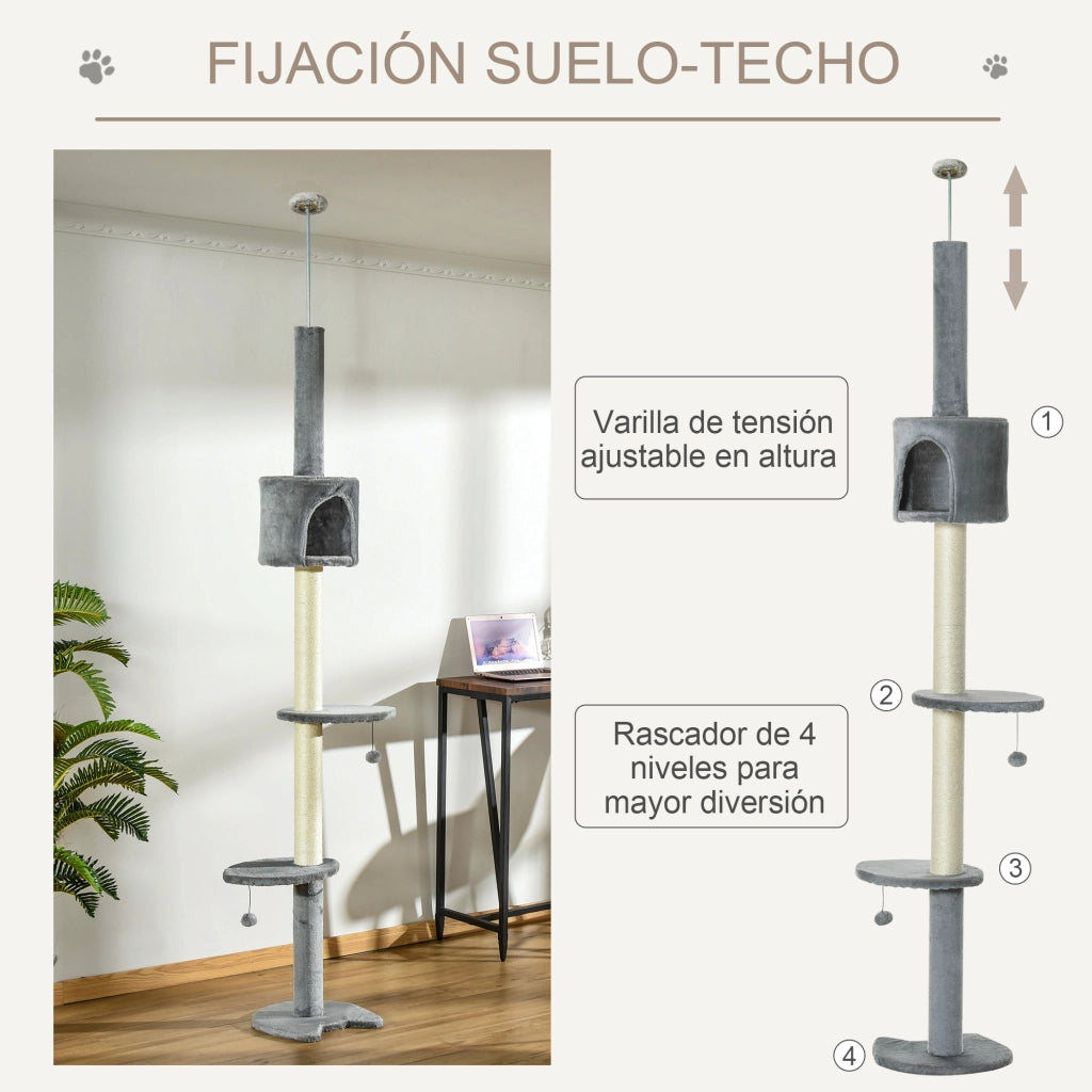 Albero tiragraffi per gatti con piattaforme, grotta e pali in sisal ¨C Zephmum ¨C Grigio chiaro, 255 cm