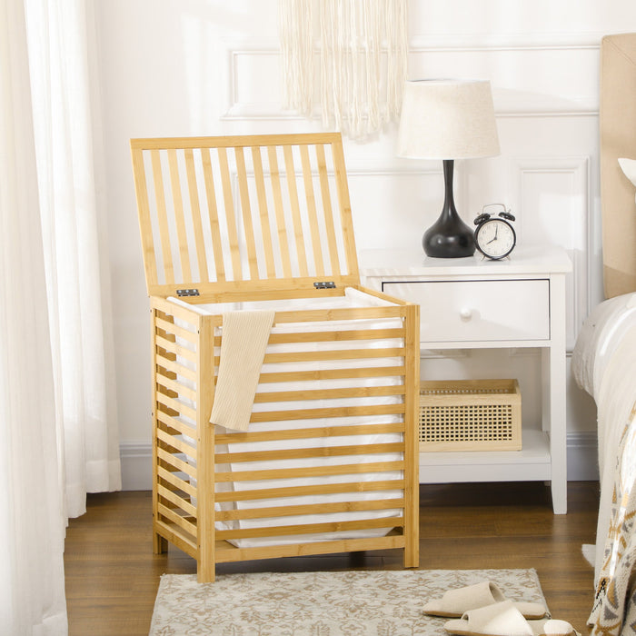 Cesto Portabiancheria a Doghe 50x36x60 cm Sacca Rimovibile in Bambù e Tessuto