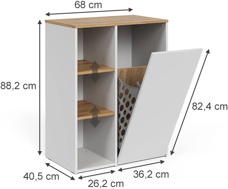 armadietto da bagno con portabiancheria Viktor, Bianco/Artisan, 68 x 88.2 cm con ripiani aperti e cesto portabiancheria, con cesto della biancheria integrato per una conservazione discreta