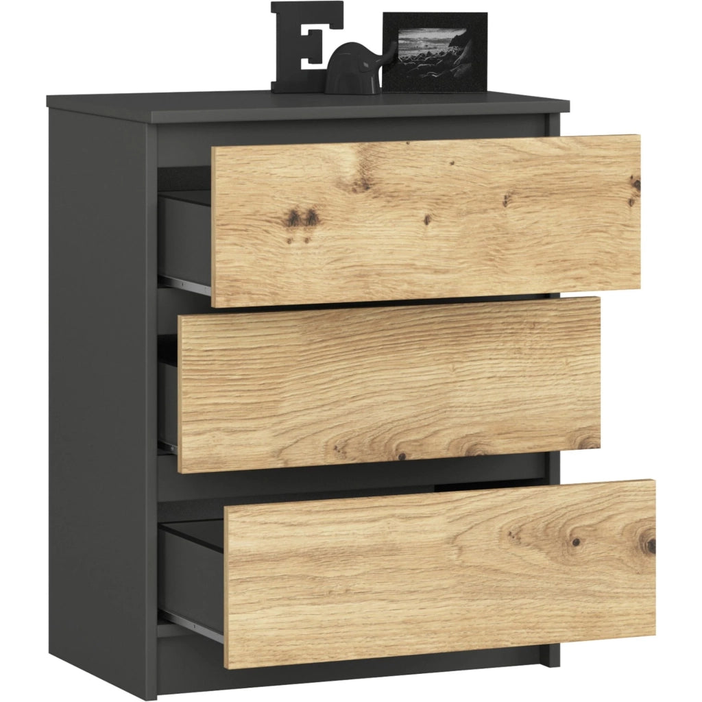 Cassettiera AKORD K60 Cassettiera Grigia Grafite 60 cm 3 cassetti inserto frontale Quercia Artisan 60x40x77 cm