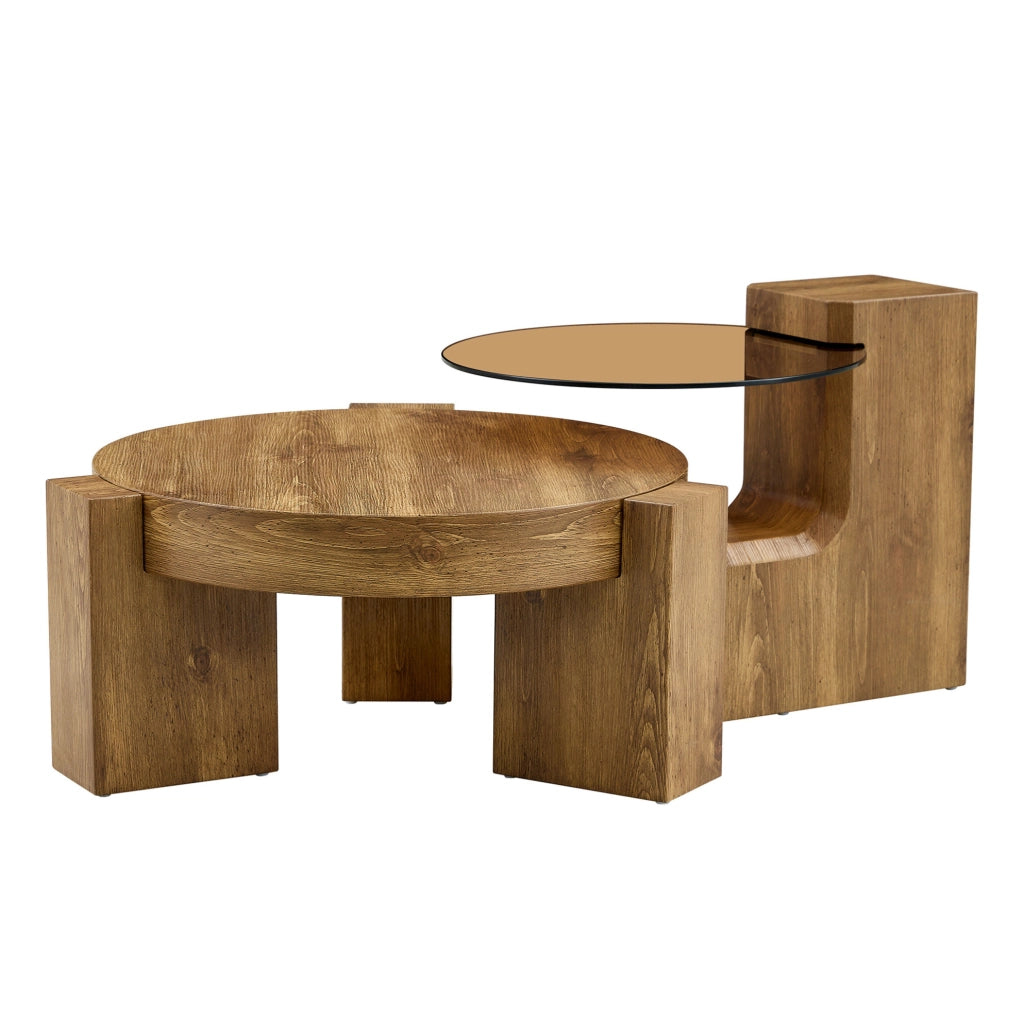 Set di tavolini da caffè rotondi 2 in 1 in MDF effetto legno e vetro temperato marrone