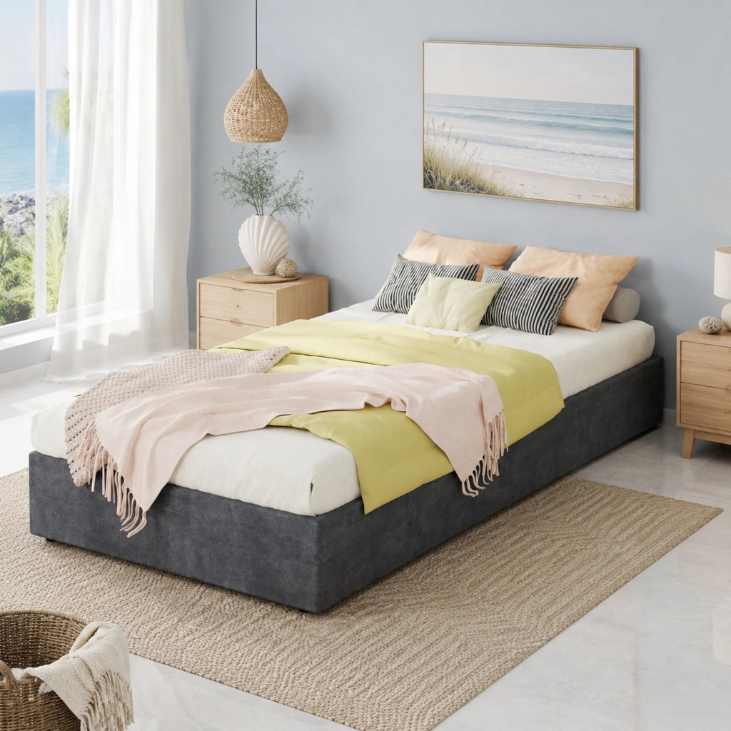 Letto singolo imbottito con contenitore pneumatico 90x200 cm; grigio