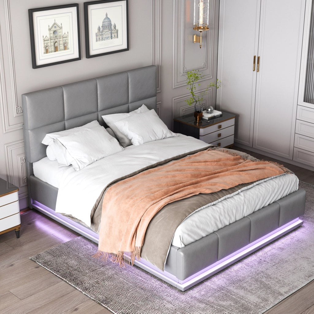 Letto doppio imbottito 140x200cm con luce LED e riporzione in grigio
