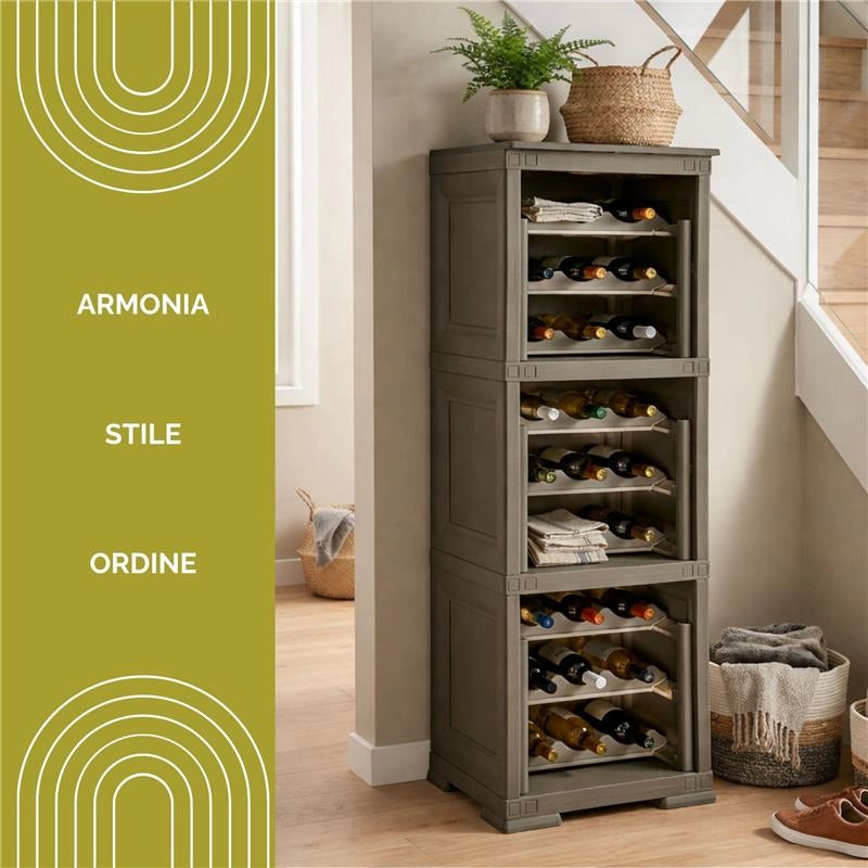 SCAFFALE PORTABOTTIGLIE 27 BOTTIGLIE WENGÉ 40X42,5X125 CM – CANTINETTA A VISTA 3 MODULI PER CUCINA E ZONA PRANZO