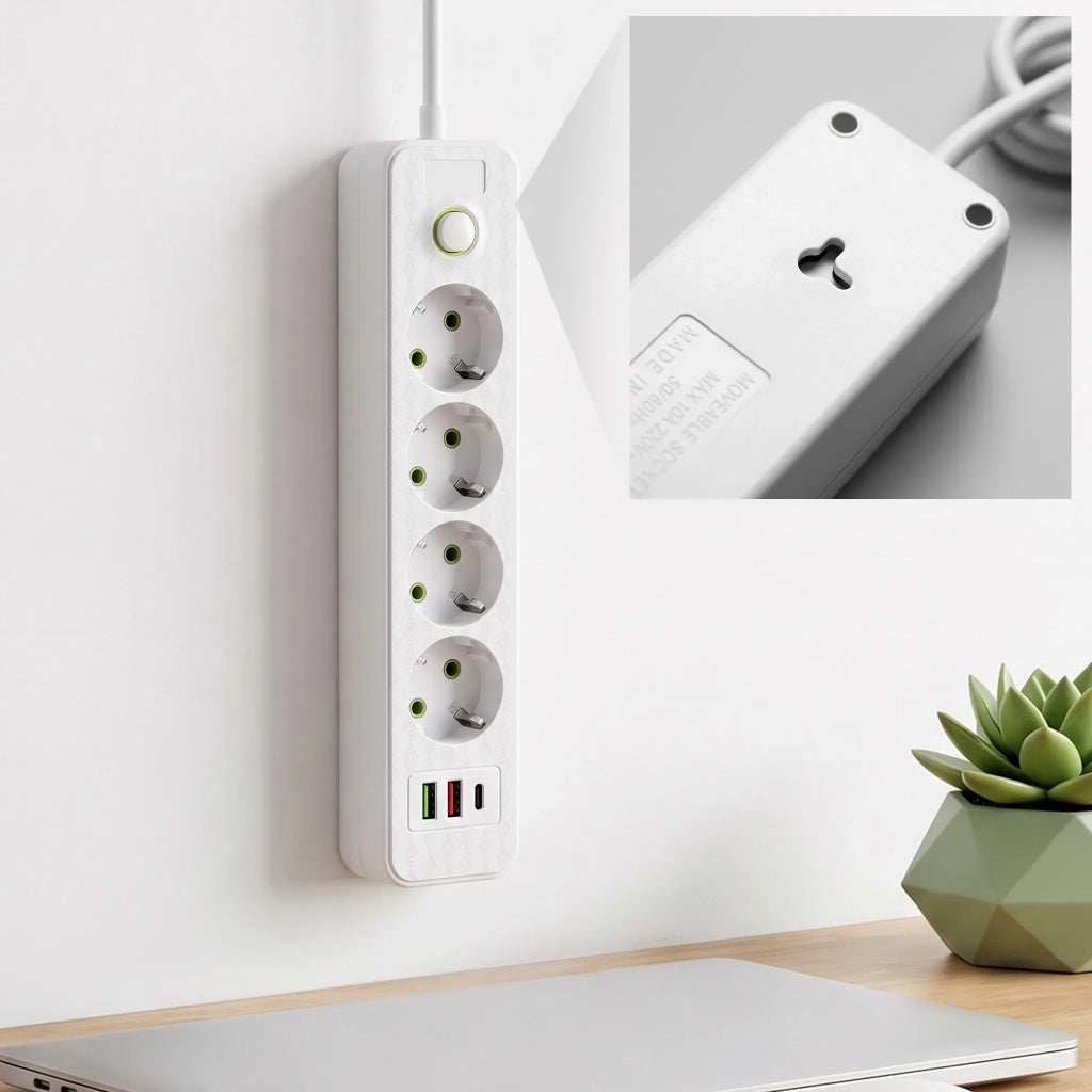 Multipresa Con Prolunga, 4 Prese + 2 Porte Usb-a + Usb-c Jnh021-4a White