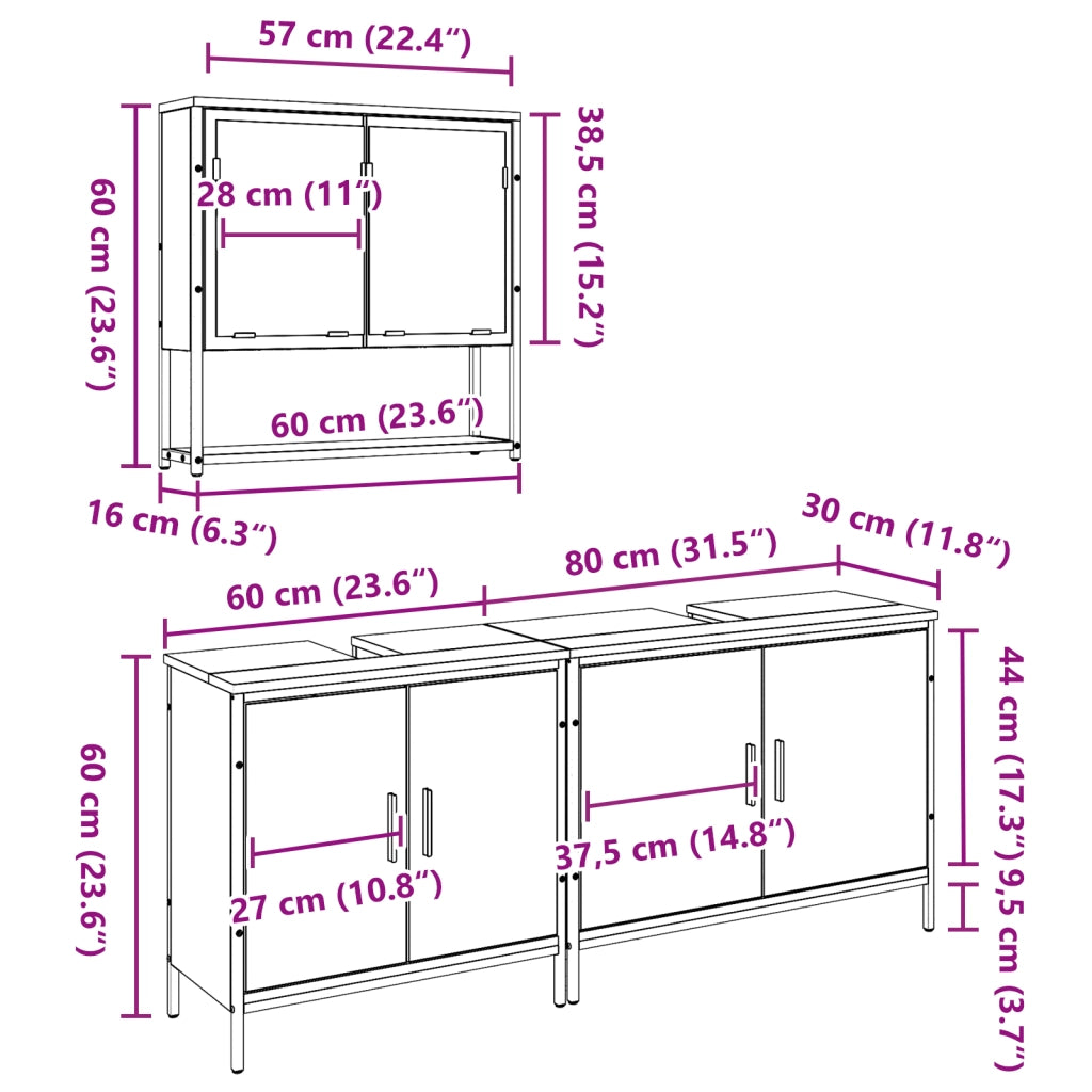 Set di mobili da bagno 3 pezzi in legno vecchio e legno ingegnerizzato