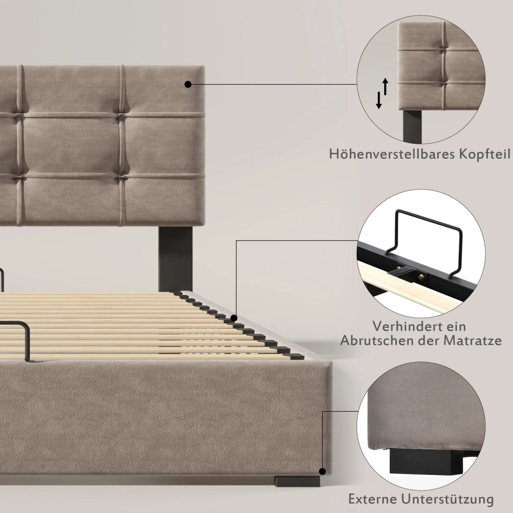 LETTO Matrimoniale 140x200 cm in Velluto Grigio Chiaro con contenitore
