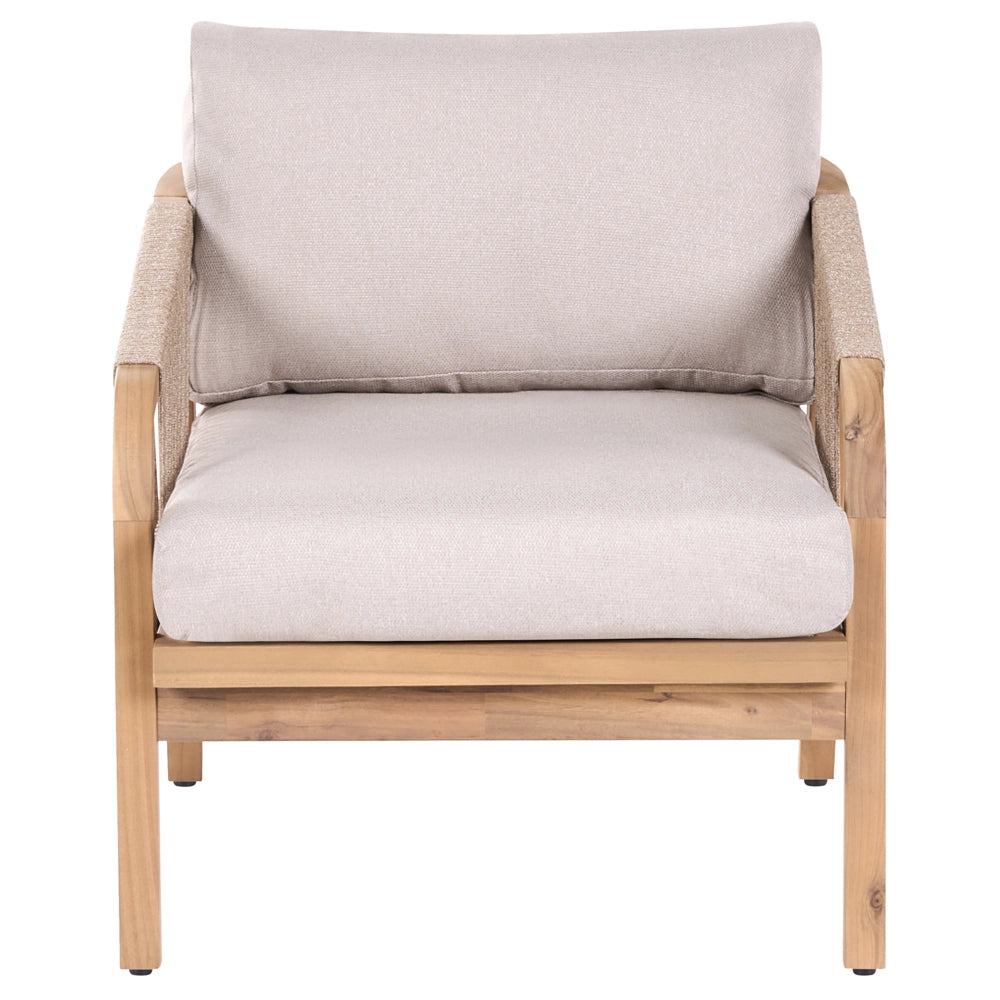 Poltrona da giardino con poggiapiedi in legno di acacia chiaro e cuscini beige chiaro, per interni ed esterni, design moderno