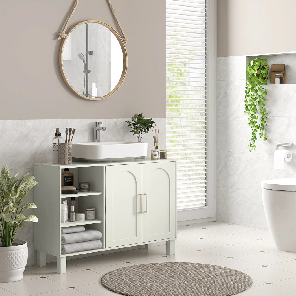 Mobiletto Bagno Sottolavabo con 2 Ante e Ripiani Regolabili ¨C zephmum ¨C Crema 90x30x63 cm