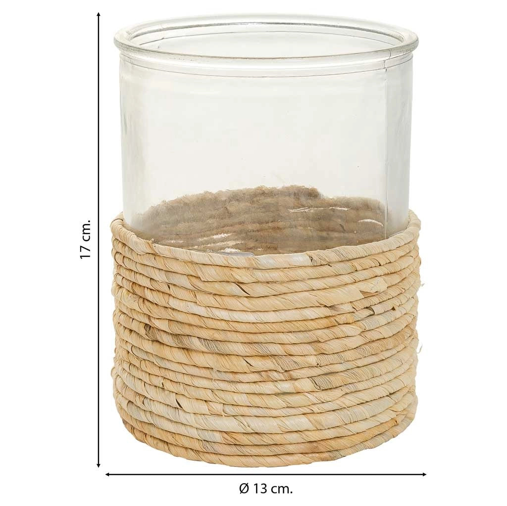 Vaso in vetro marrone e fibra naturale d13x17h