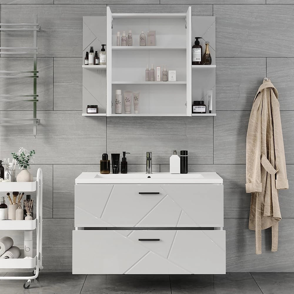 Set di mobili da bagno Irma, Bianco/bianco lucido, 100 cm, composto da mobile sottolavabo con lavabo e specchio per bagno