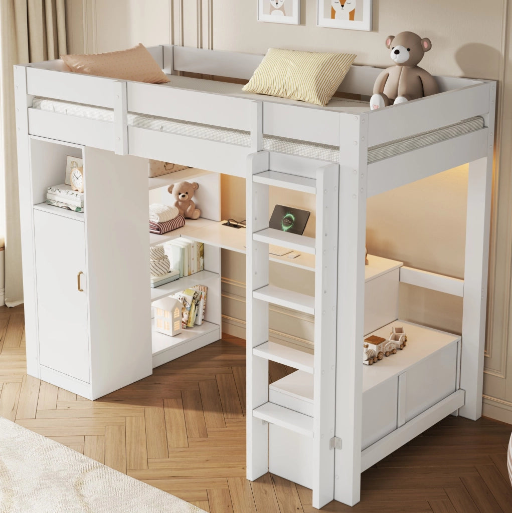 Letto a soppalco 90x200 cm con scrivania; armadio; ripiani e LED; bianco