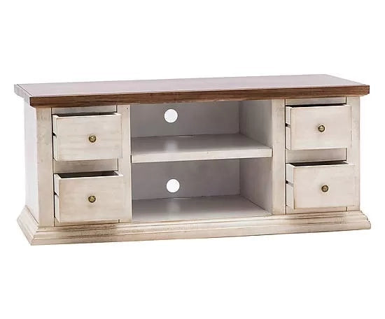 Porta tv 4 cassetti shabby bianco anticato e noce 120x50x53 - Mobili 2G