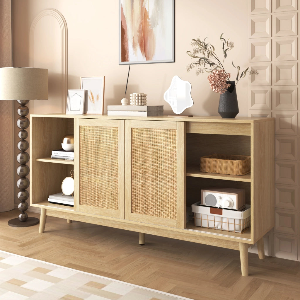 Credenza con 3 Ante Scorrevoli in Rattan; 2 Cassetti; Piedi in Legno Massello; Stile Naturale; in MDF; 155??38??80 cm; Legno