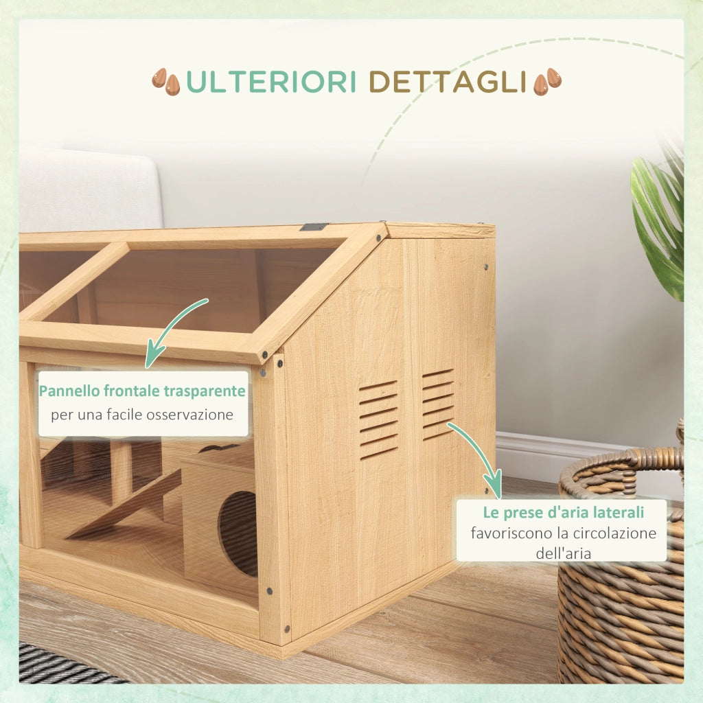 Gabbia per Criceti con Piattaforma, Scalette, Capanna e Ponte, in Legno di Abete, 85x45x44 cm