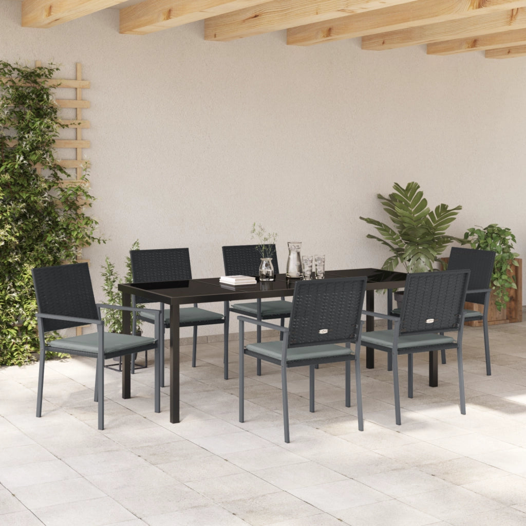 Set da pranzo da giardino 7 pezzi con cuscini in polirattan nero