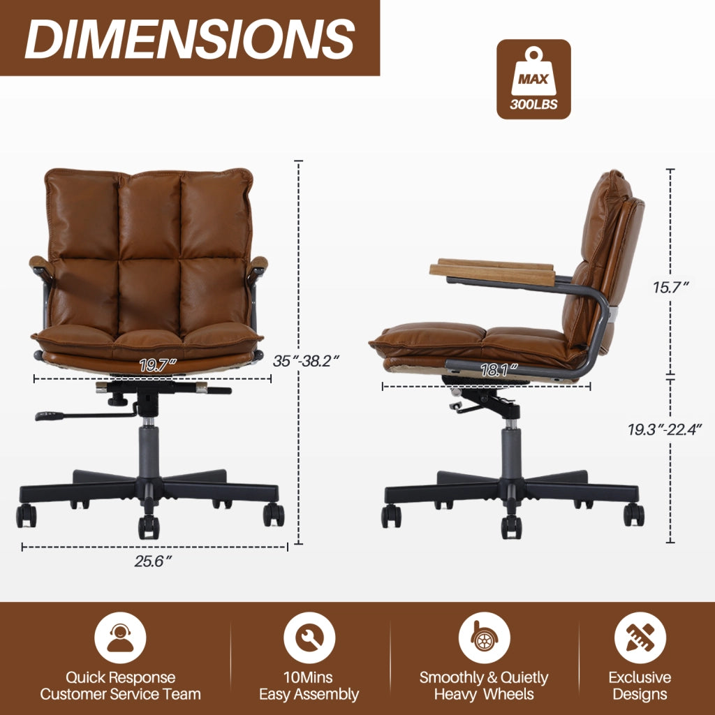 Sedia da ufficio in pelle sintetica girevole regolabile con supporto ergonomico e braccioli in metallo marrone