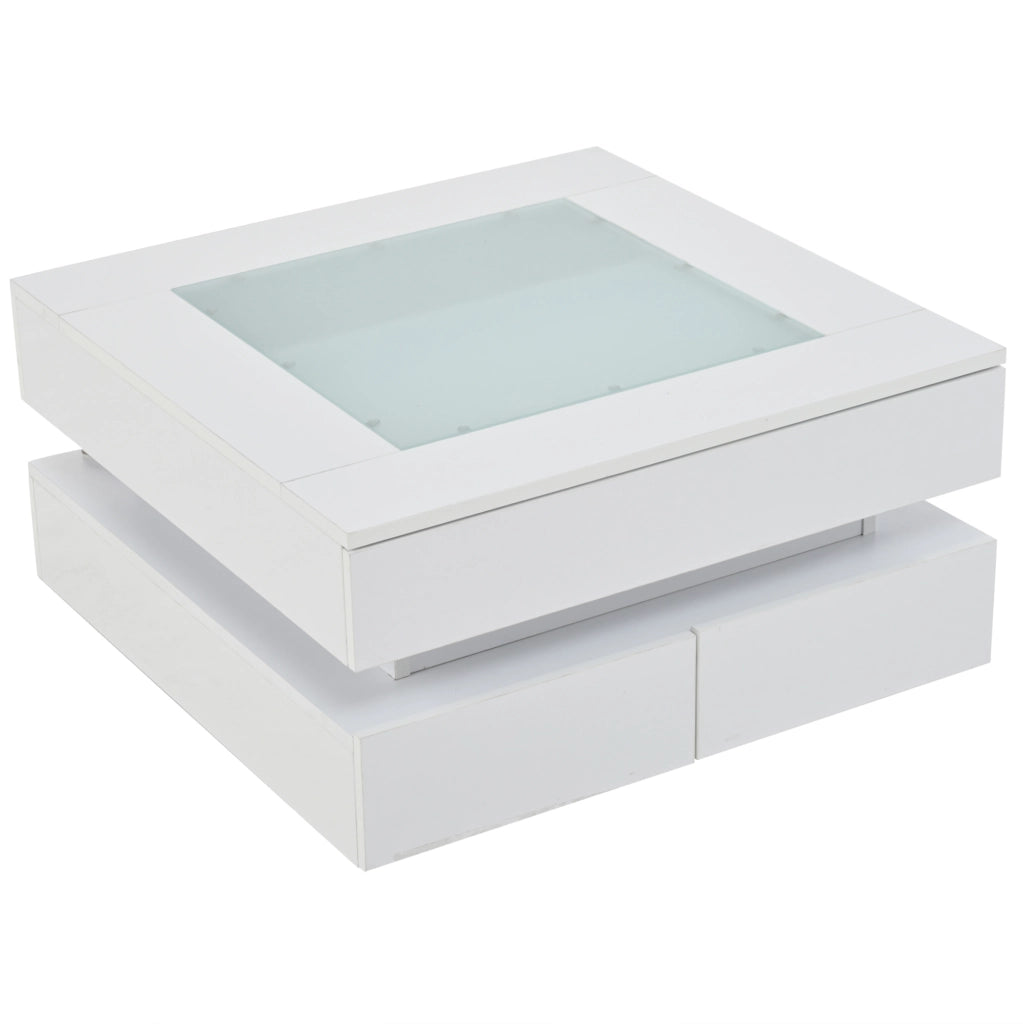 Tavolino da caffè quadrato 70x70x35 cm con LED; piano in vetro temperato e 3 cassetti; bianco