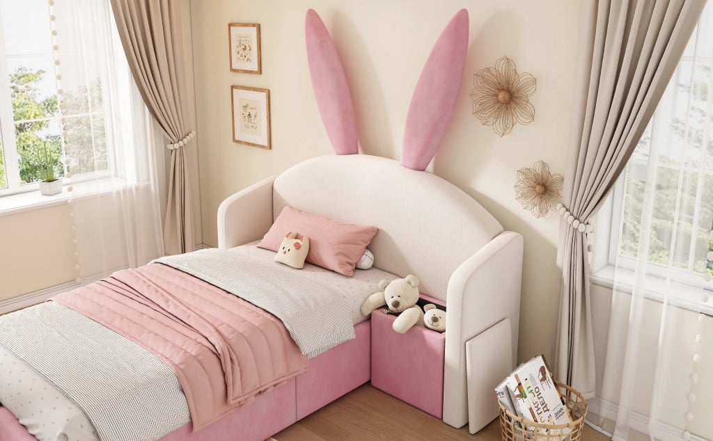 Letto per bambini 90 × 190 cm con testiera a orecchie di coniglio, comodino contenitore, senza materasso, beige e rosa