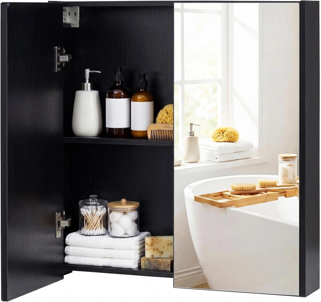 Armadietto da Bagno con Specchio a 2 Ante, Mobiletto da Parete Pensile Salvaspazio in Legno, Mobile Bagno Sospeso per Camera da Letto, Ingresso e Soggiorno, 62 x 11 x 65 cm (Bianco)