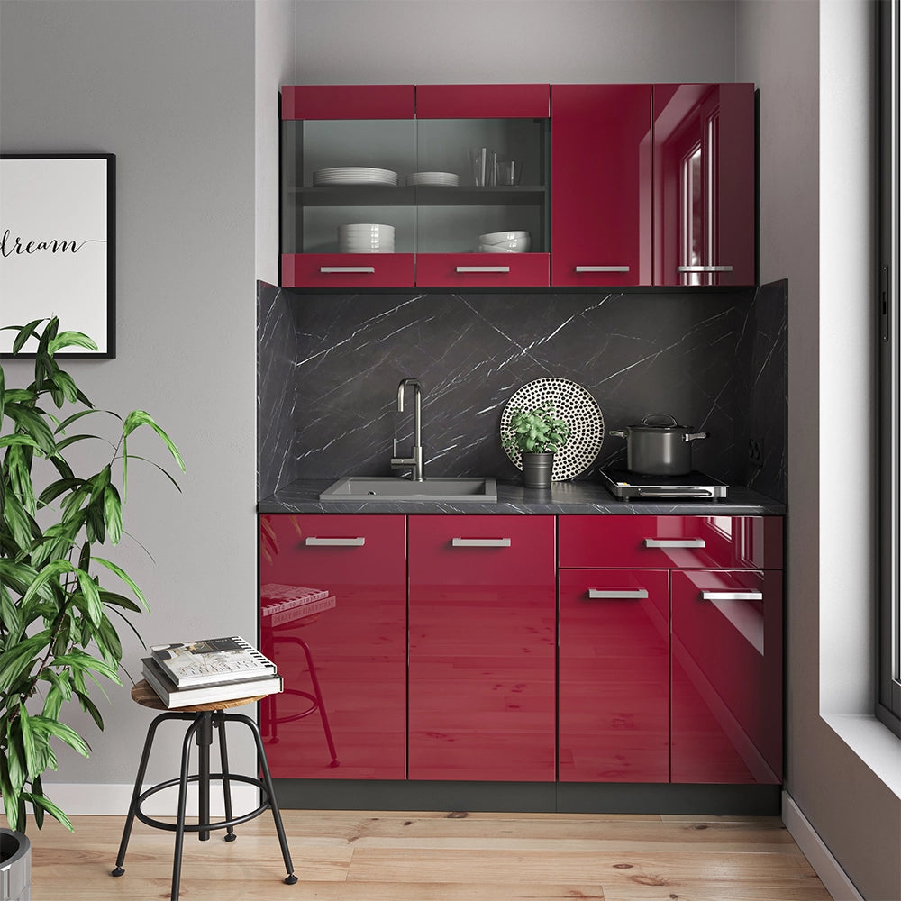 Mobile cucina sottotetto R-Line Rosso lucido/Antracite 140 cm Set di 2 Vicco