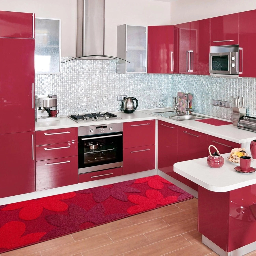 Tappeto Cucina 3D Fiore 50x135 cm Tridimensionale Morbido Moderno Passatoia Antiscivolo Bordeaux
