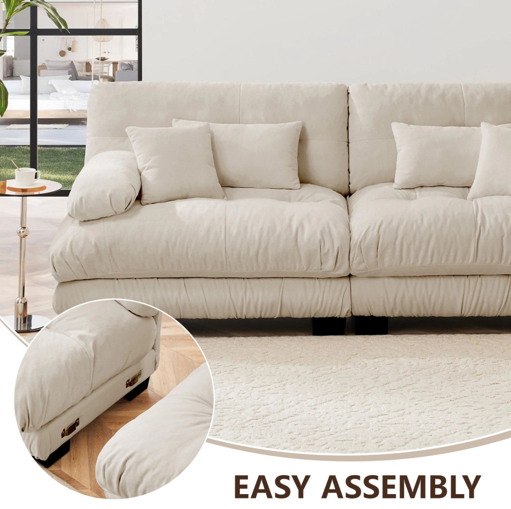 Divano angolare modulare 4 posti in chenille vintage beige chiaro con pouf mobile