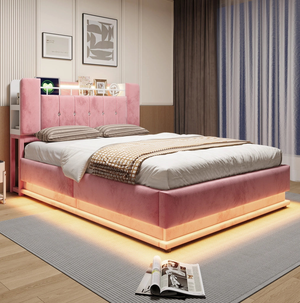 Letto imbottito 140 x 200 cm con LED; USB e contenitore idraulico in velluto rosa