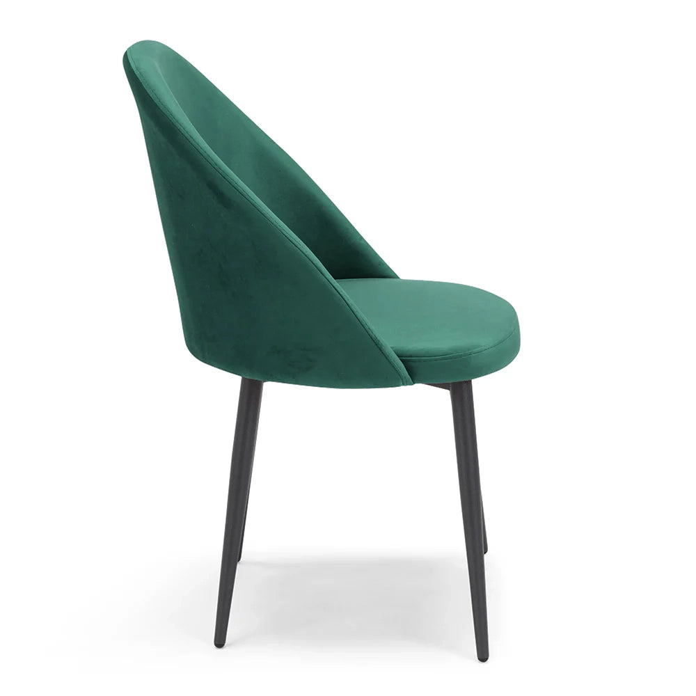 Sedia Lola, 100% Made in Italy, imbottita in tessuto effetto vellutato antimacchia idrorepellente, gambe in metallo ghisa, colore Verde Smeraldo