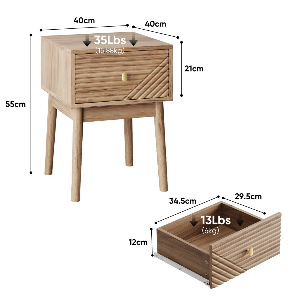 Comodino ULEVR 40x40x55 cm con 2 cassetti e maniglie in metallo, colore rovere