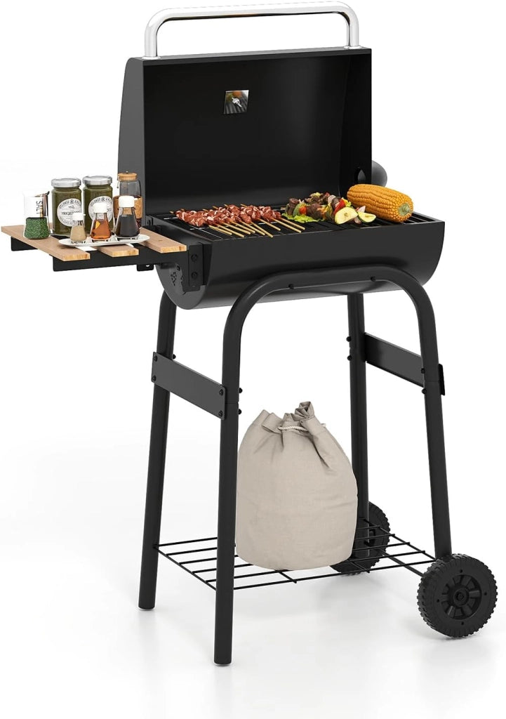 Barbecue a carbonella con tavoli laterali pieghevoli e ruote, carrello barbecue con termometro integrato e vano portaoggetti, barbecue a fumo da esterno