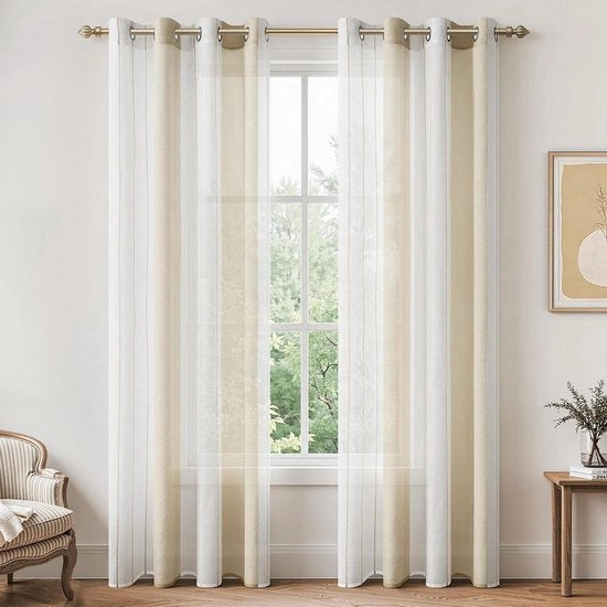 Veli con Occhielli – Set da 2 – Crema/Bianco con Strisce – 140x225 cm – 224 cm Lungo, Semi-trasparente