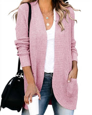 Vest Donna a Manica Lunga - Colore Pieno - Maglione a Maglia Larga - Due Tasche - Prodotto Casual - Cardigan