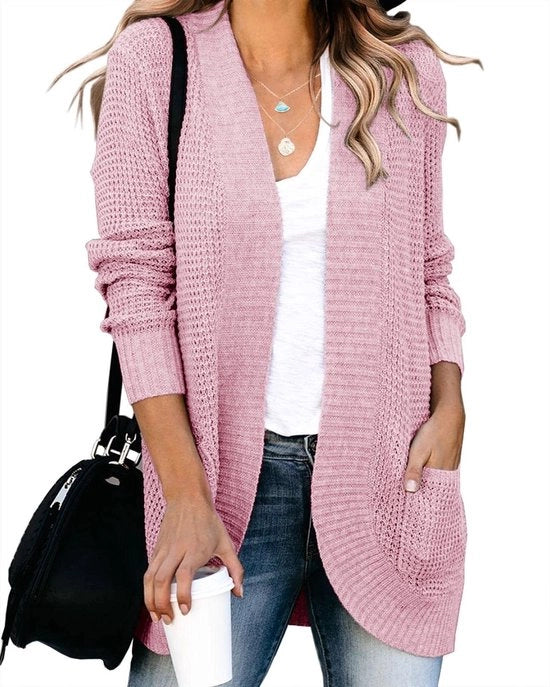 Vest Donna a Manica Lunga - Colore Pieno - Maglione a Maglia Larga - Due Tasche - Prodotto Casual - Cardigan