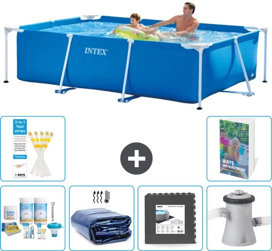 Piscina Reclinabile in Acciaio - 260 x 160 x 65 cm - Blu - Incluso Kit di Manutenzione - Ombrellone Solare - Pavimento in Pietra - Pompafiltro per Piscina - 7 pezzi