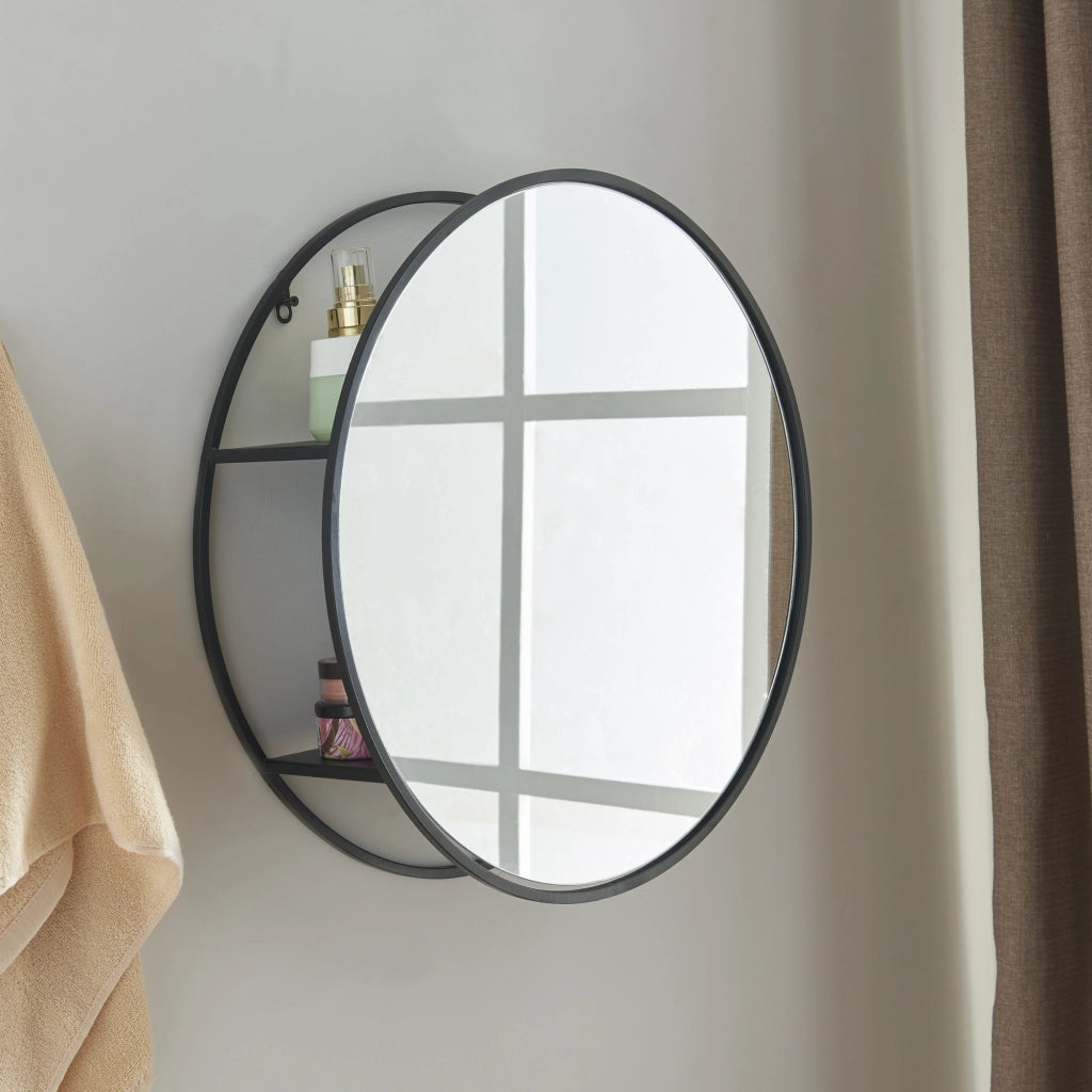 Specchio da Parete Sunne con Ripiani in Acciaio Nero 50 x 50 x 13 cm Rotondo [en.casa]