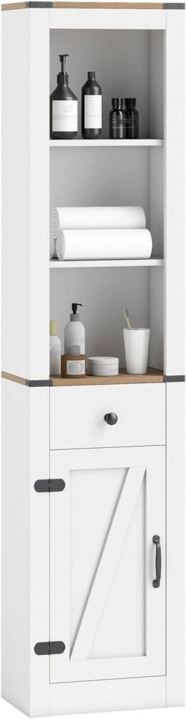Armadio Bagno Salvaspazio, Mobile Bagno Alto Stretto con Scomparti Aperti, Cassetto e Ripiani Regolabili, Colonna Bagno per Lavanderia, Soggiorno e Cucina, 40 x 24 x 173 cm